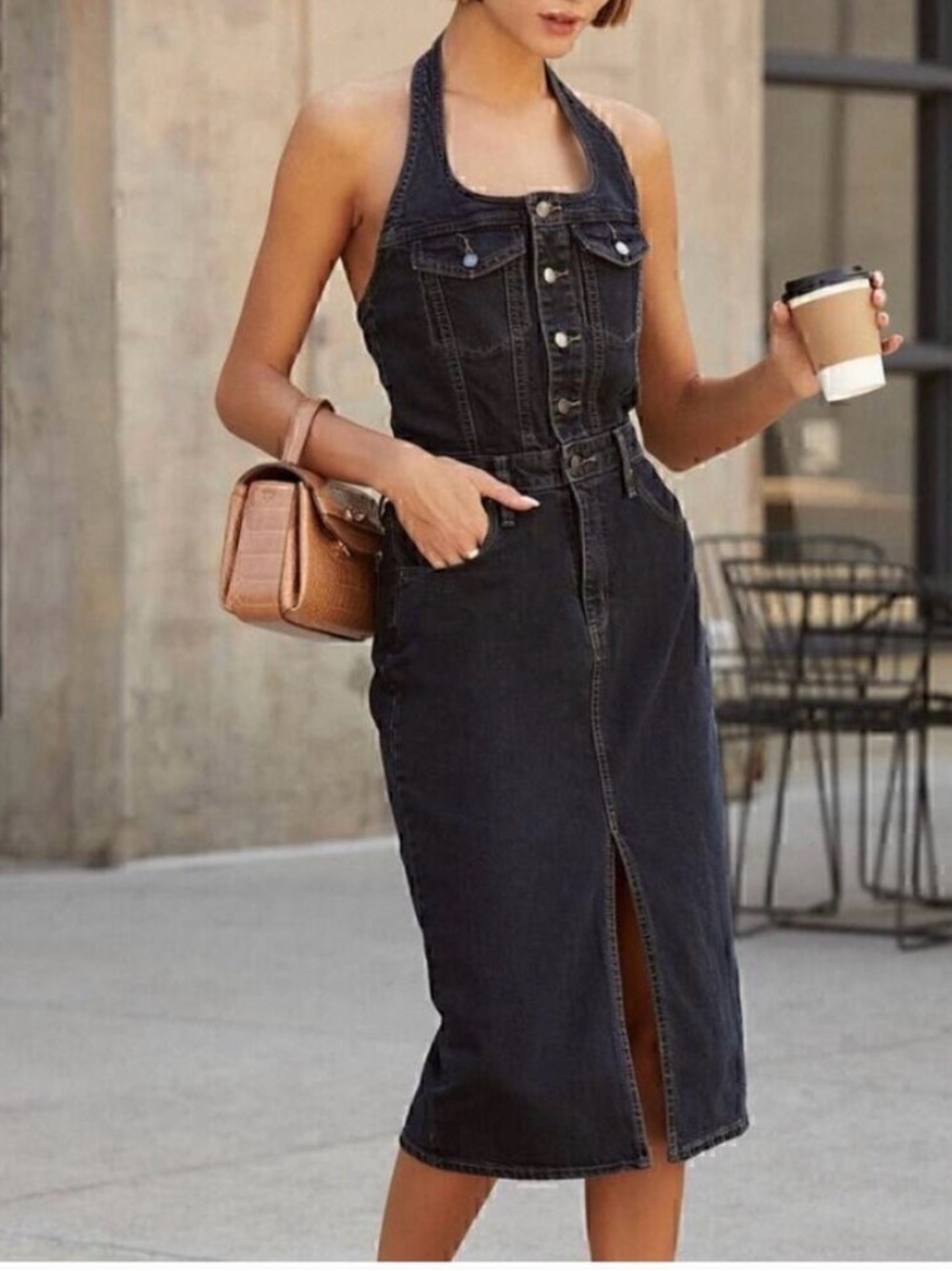 Universal Thread Denim Halter Midi Skirt - Dark Blue